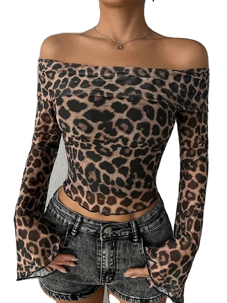 Damen Langarmshirt Schwarz Größe M Baumwolle mit Leopardenmuster O-Ausschnitt Rückenfrei-1