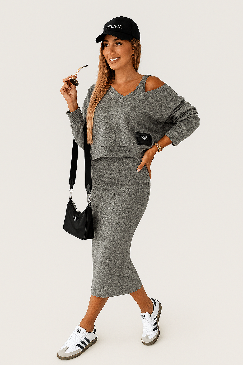 MIRELLA – GRAUES ZWEITEILER-SET AUS BAUMWOLLE MIT OFF-SHOULDER-SWEATER