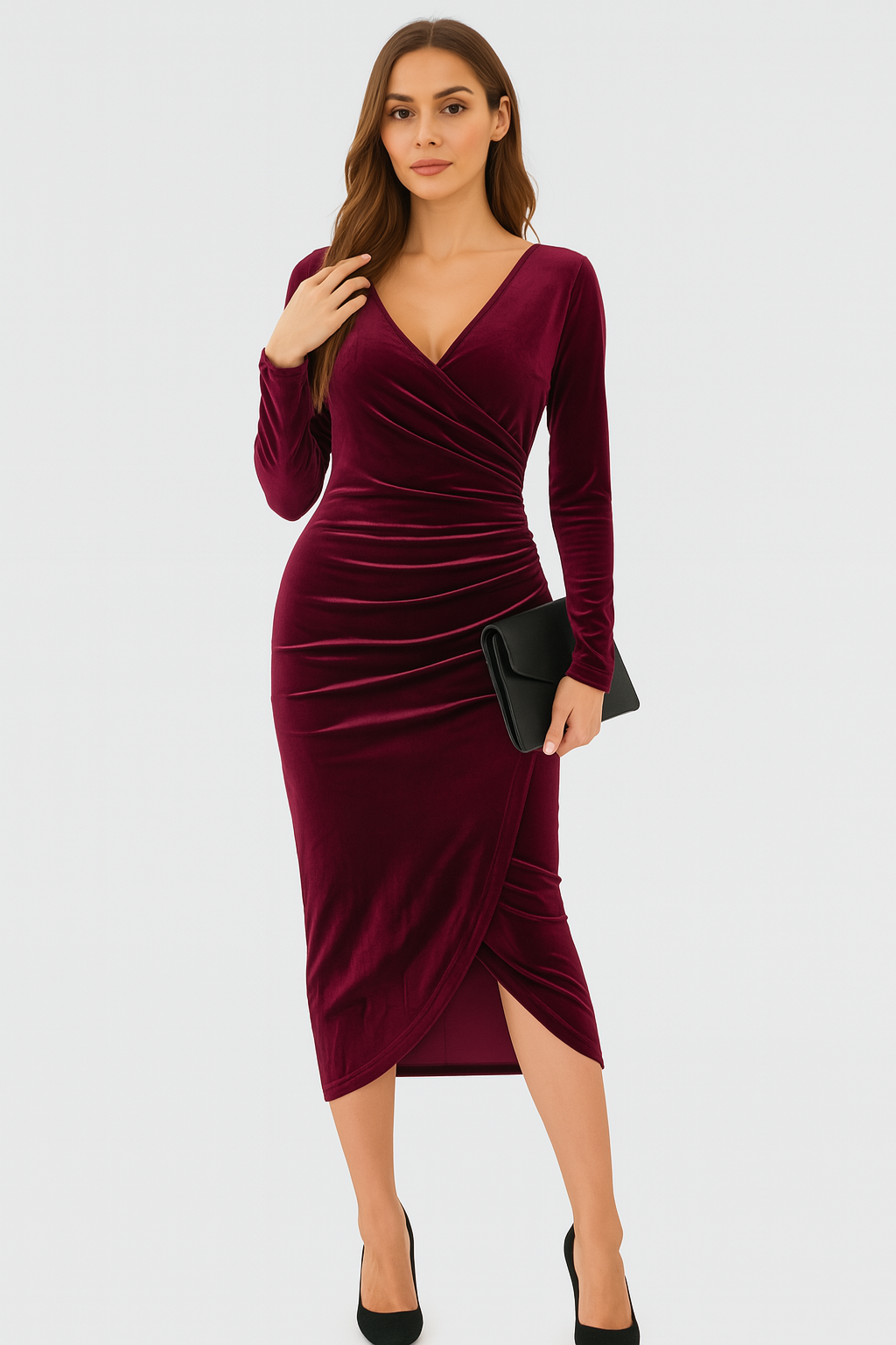 ZARIAH VELVET DRESS – SAMT-WICKELKLEID MIT LANGEN ÄRMELN UND RÜSCHEN