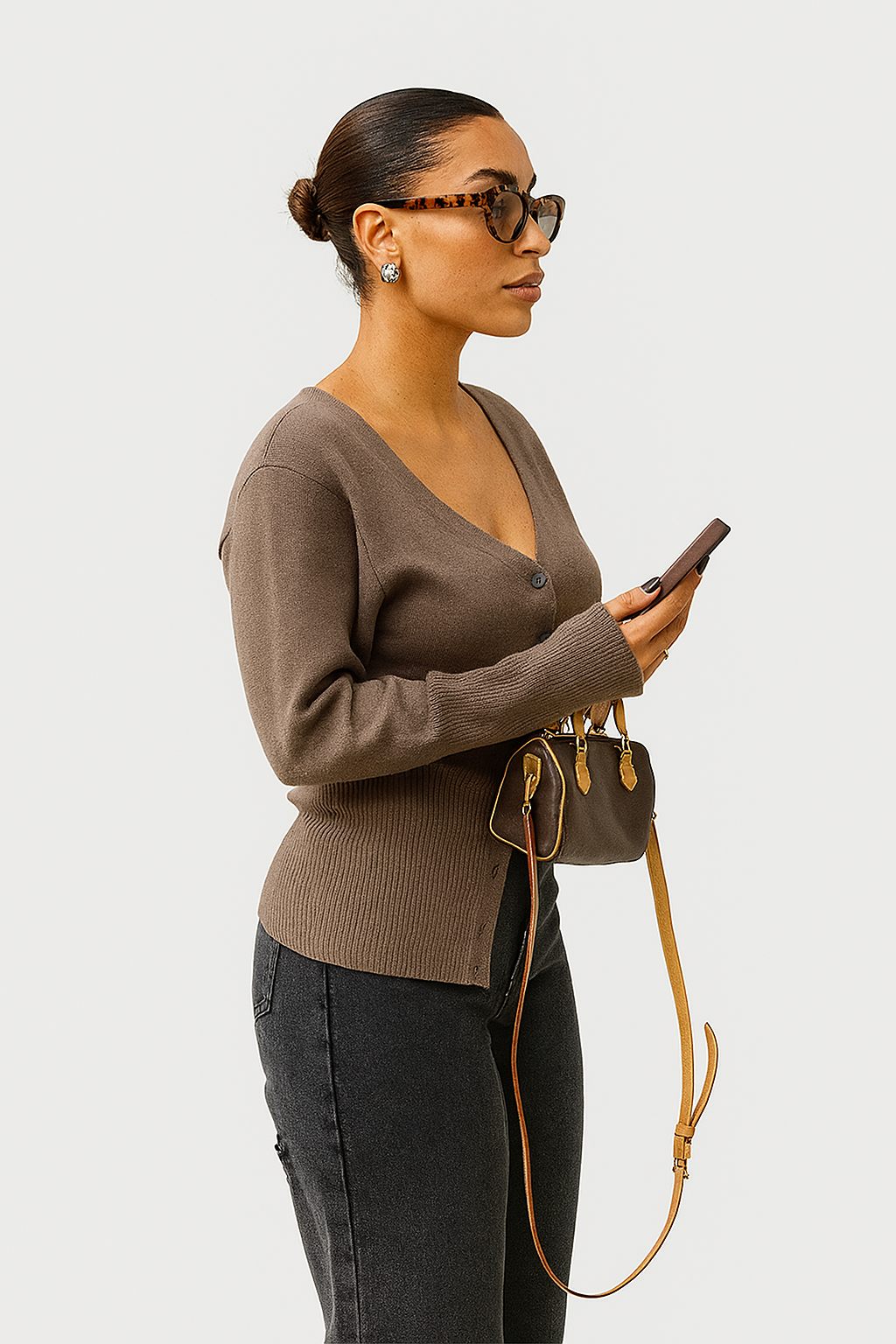 LEONA – STRICKJACKE MIT V-AUSSCHNITT IN BRAUN