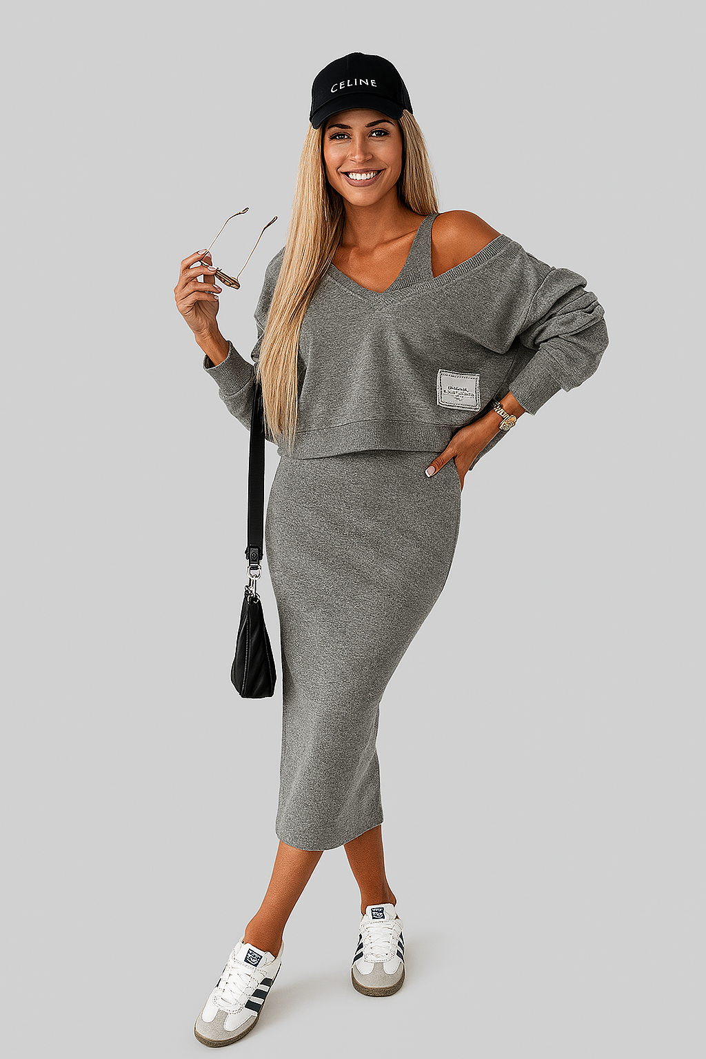 MIRELLA – GRAUES ZWEITEILER-SET AUS BAUMWOLLE MIT OFF-SHOULDER-SWEATER