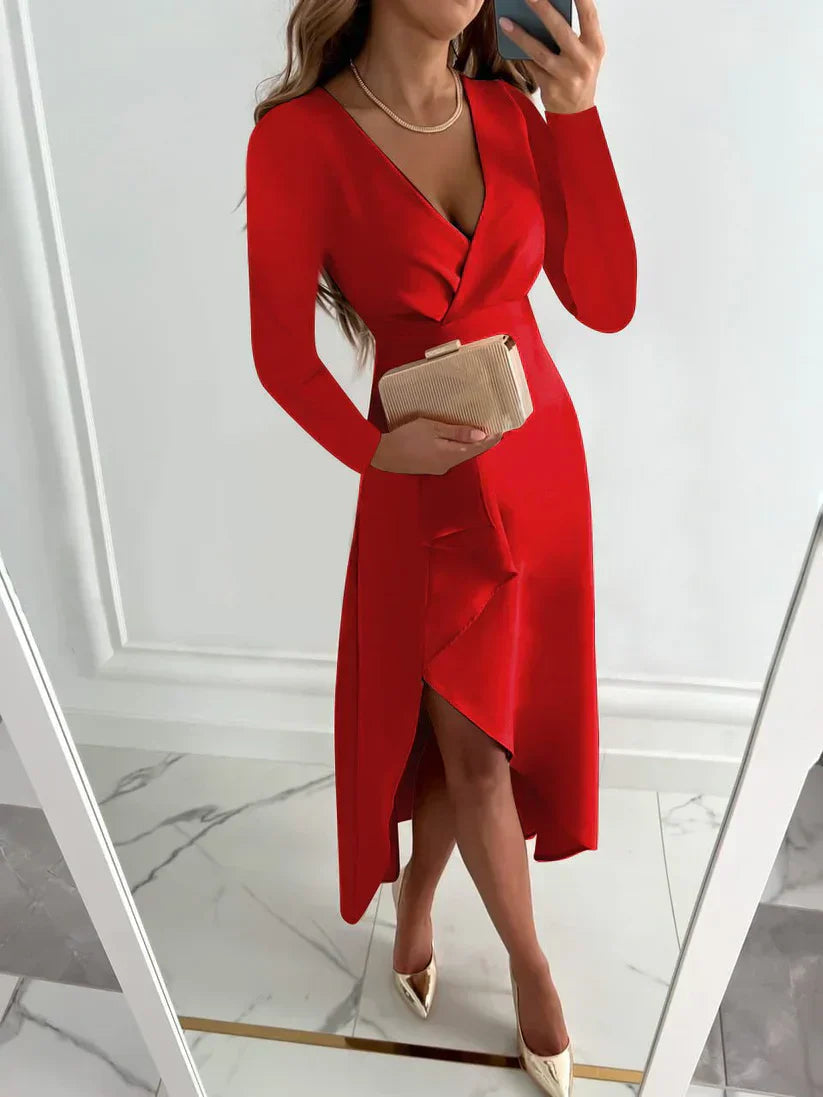 ELVIRA KLEID – ELEGANTES FIGURBETONTES LANGARMKLEID MIT SCHLITZ FÜR DAMEN