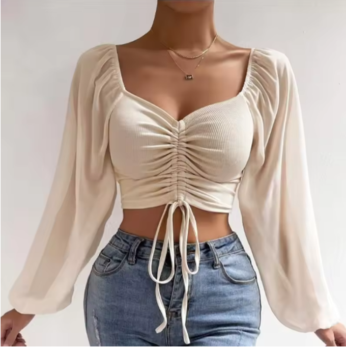 Variant image for Damen Crop Top Schwarz Größe M Polyester mit Transparenten Ärmeln und Raffung-9