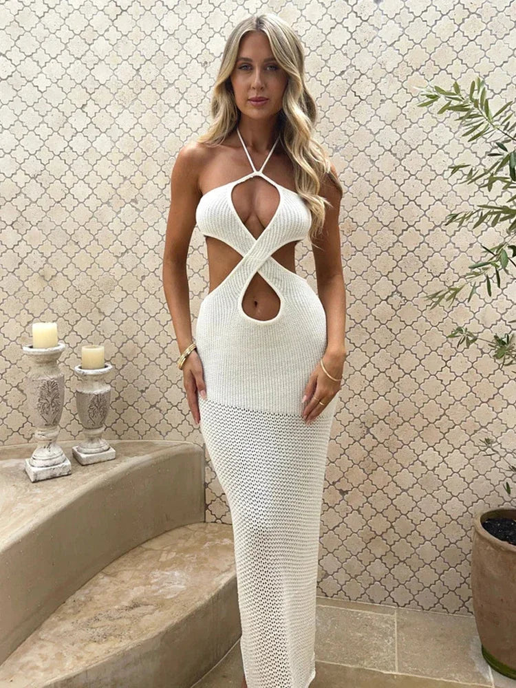 Avrilyaan White Strick Bodcon Rückenless sexy Kleid Frauen hohl aus elegante Feiertage lässige Kleider Sommer langes Kleid Vestidos 3