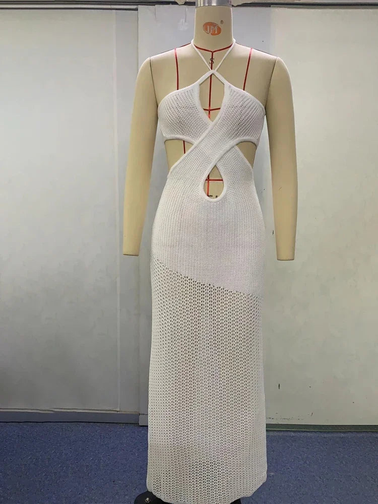 Avrilyaan White Strick Bodcon Rückenless sexy Kleid Frauen hohl aus elegante Feiertage lässige Kleider Sommer langes Kleid Vestidos 4
