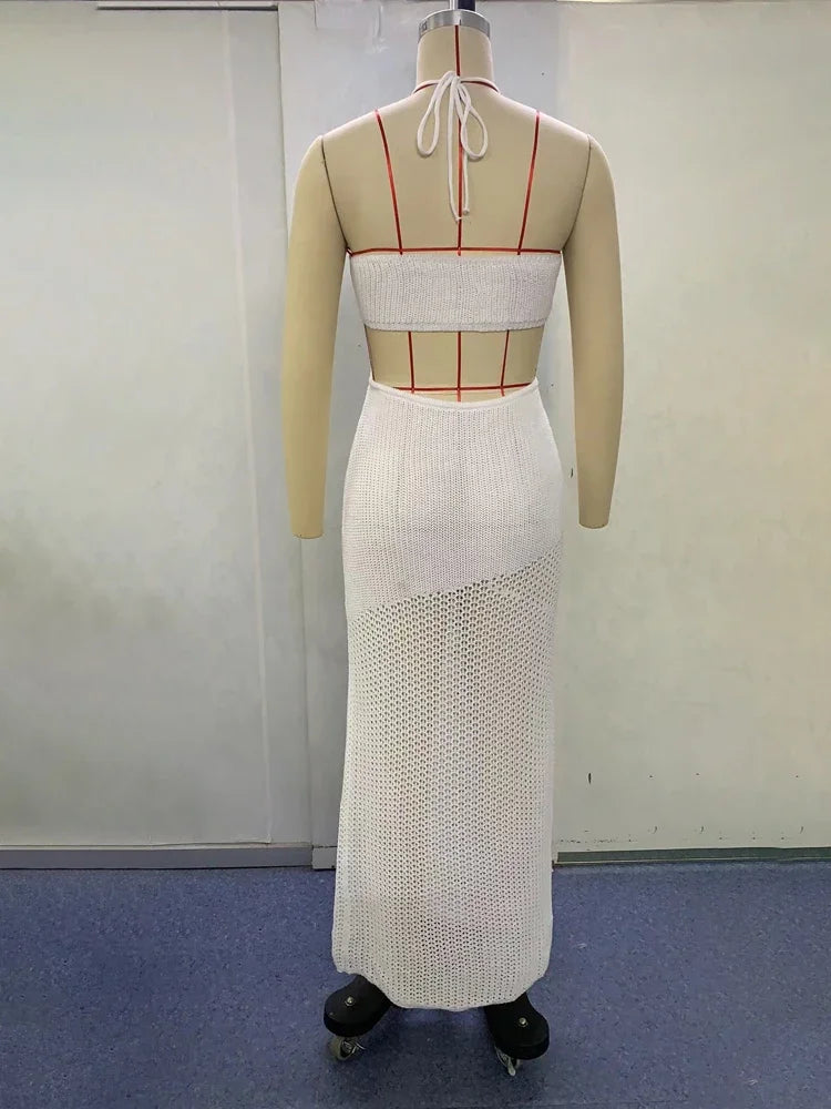 Avrilyaan White Strick Bodcon Rückenless sexy Kleid Frauen hohl aus elegante Feiertage lässige Kleider Sommer langes Kleid Vestidos 5