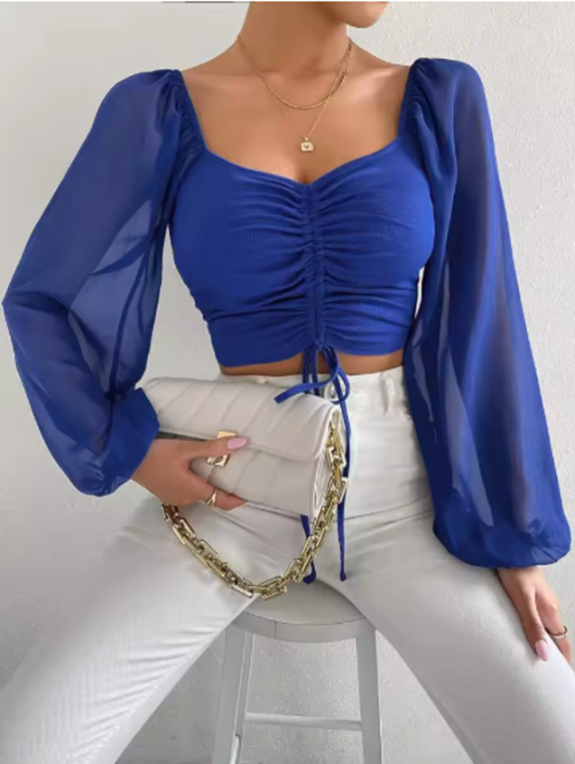 AYLEN CROP TOP – CHIFFON BLUSE MIT LANGEN ÄRMELN UND KORSETTDETAILS