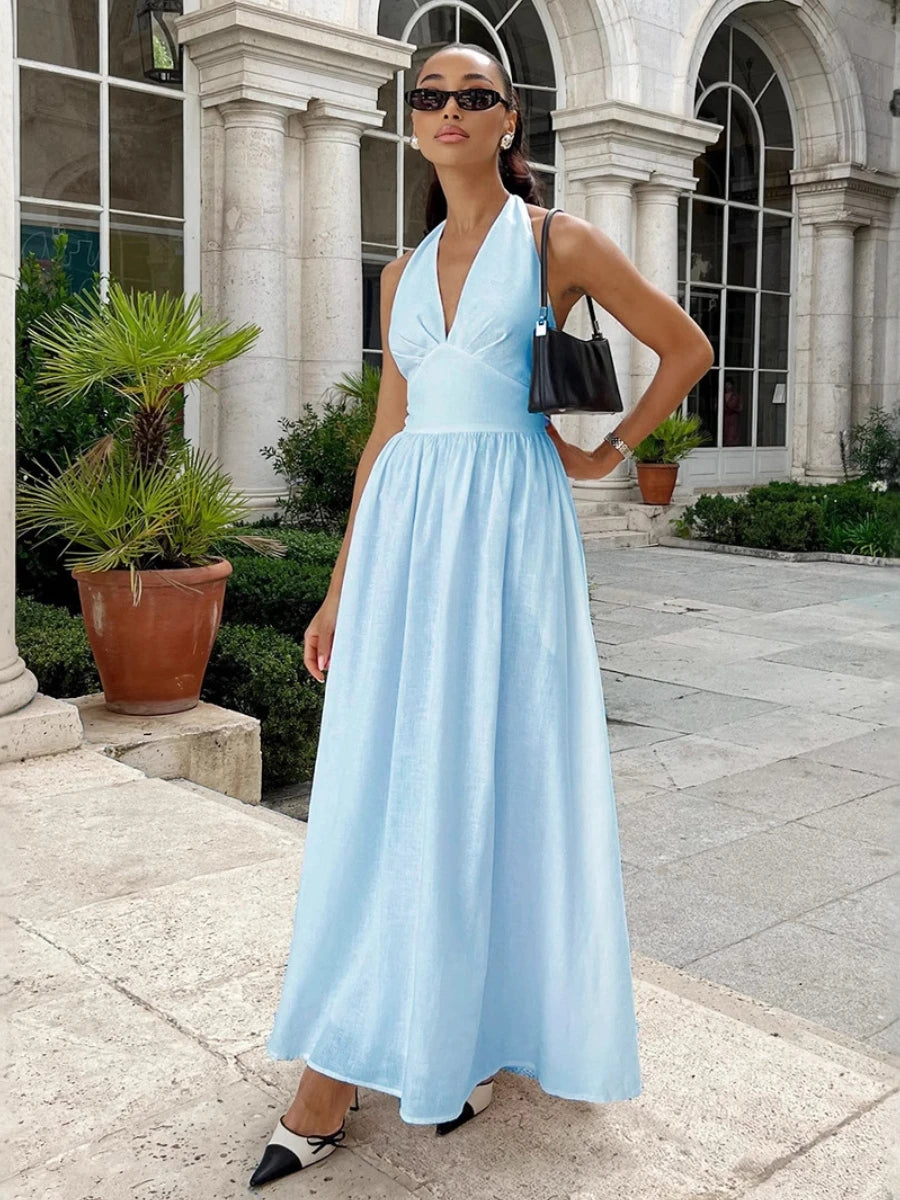 Bornladies Frühling Sommer Neues Frauen-Baumwoll-Camisole-Kleid für Frauen Taille Kino mit V-Ausschnitt Langes Kleid modisches übergroßes Kleid 5