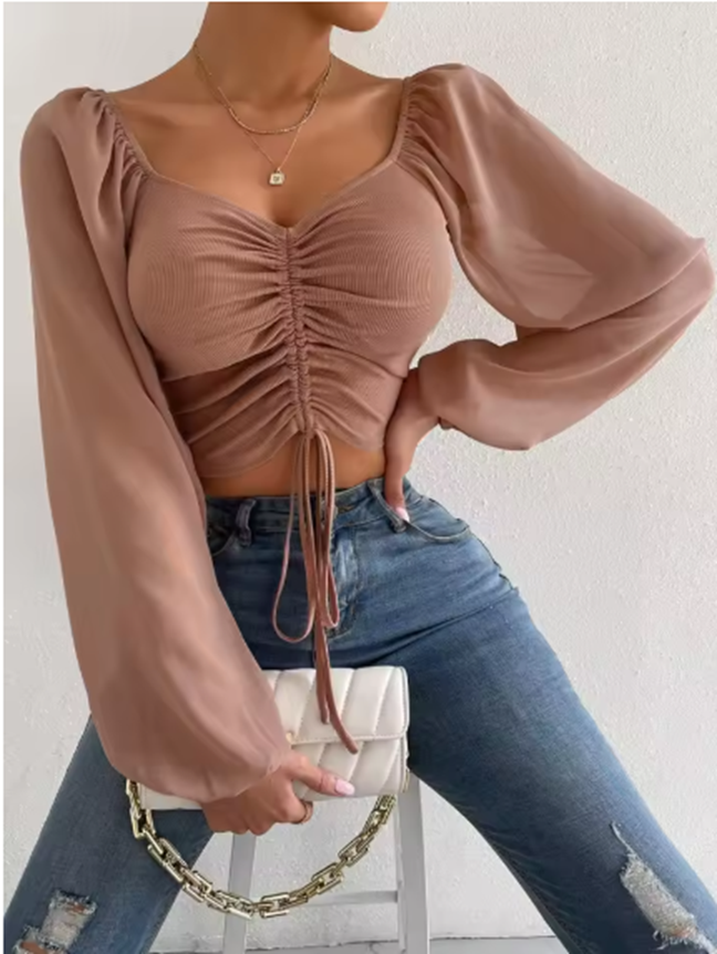 Variant image for Damen Crop Top Schwarz Größe M Polyester mit Transparenten Ärmeln und Raffung-17