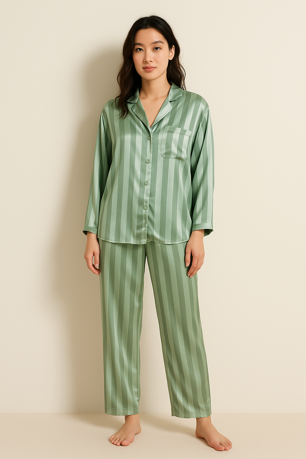 ANNA – GESTREIFTES PYJAMA-SET MIT LANGEN ÄRMELN UND KNOPFLEISTE