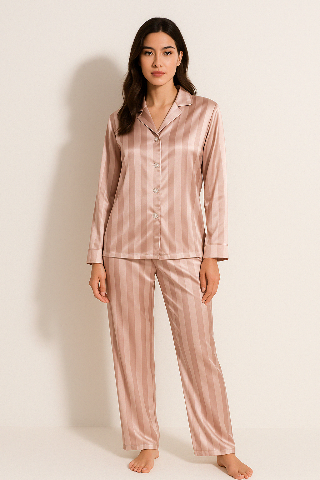 ANNA – GESTREIFTES PYJAMA-SET MIT LANGEN ÄRMELN UND KNOPFLEISTE