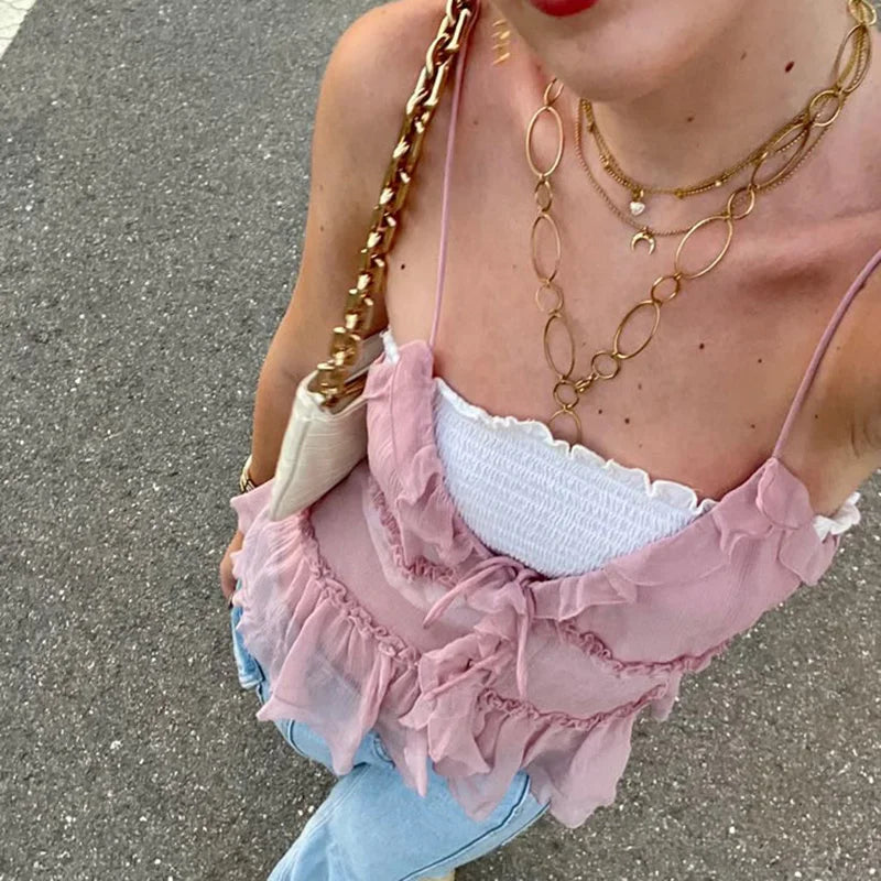 Coquette Front Binde Binding Babypee Crop Tops Y2K Girl Flowy Peplum Camisole Fairy Women Urlaub Rüschen gegen Hals Rückenfreie Tanktops 2