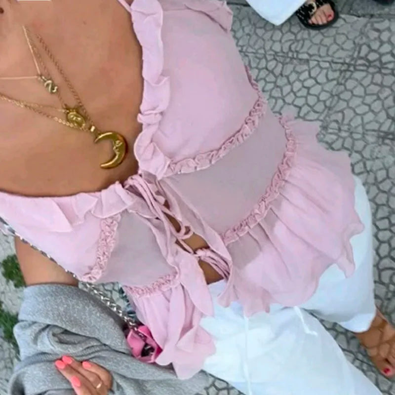 Coquette Front Binde Binding Babypee Crop Tops Y2K Girl Flowy Peplum Camisole Fairy Women Urlaub Rüschen gegen Hals Rückenfreie Tanktops 4