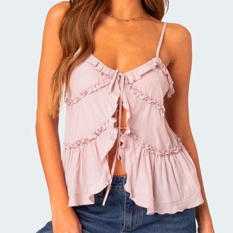 Coquette Front Binde Binding Babypee Crop Tops Y2K Girl Flowy Peplum Camisole Fairy Women Urlaub Rüschen gegen Hals Rückenfreie Tanktops 5