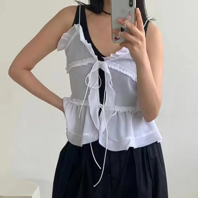 Coquette Front Binde Binding Babypee Crop Tops Y2K Girl Flowy Peplum Camisole Fairy Women Urlaub Rüschen gegen Hals Rückenfreie Tanktops 6