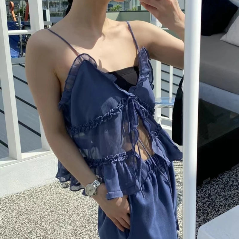 Coquette Front Binde Binding Babypee Crop Tops Y2K Girl Flowy Peplum Camisole Fairy Women Urlaub Rüschen gegen Hals Rückenfreie Tanktops 7