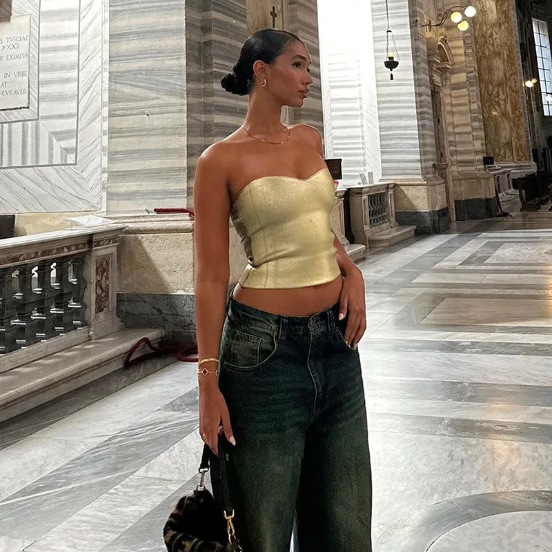 Cryptographic Fashion Vintage trägerloser Gold Crops Party Club Outfits für Women Tube Weste sexy Rückenless Bustier Tops Y2K 2