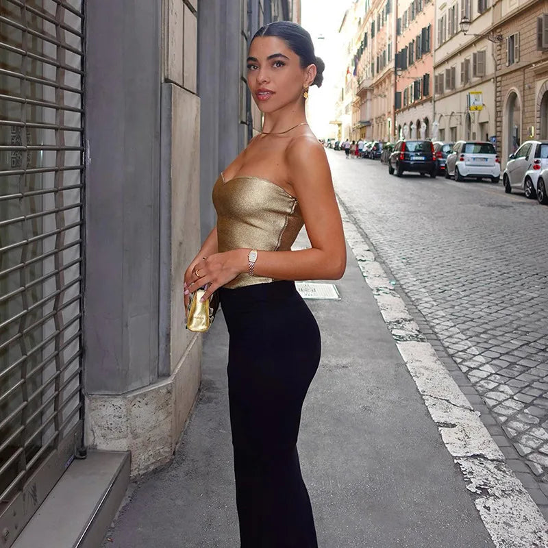 Cryptographic Fashion Vintage trägerloser Gold Crops Party Club Outfits für Women Tube Weste sexy Rückenless Bustier Tops Y2K 4