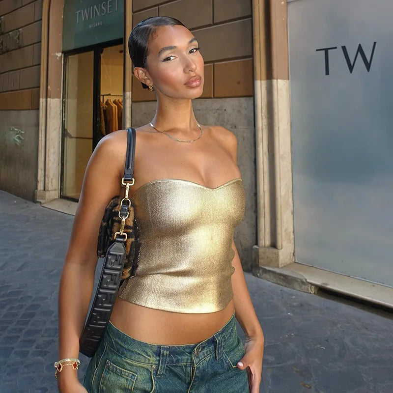 Cryptographic Fashion Vintage trägerloser Gold Crops Party Club Outfits für Women Tube Weste sexy Rückenless Bustier Tops Y2K 6