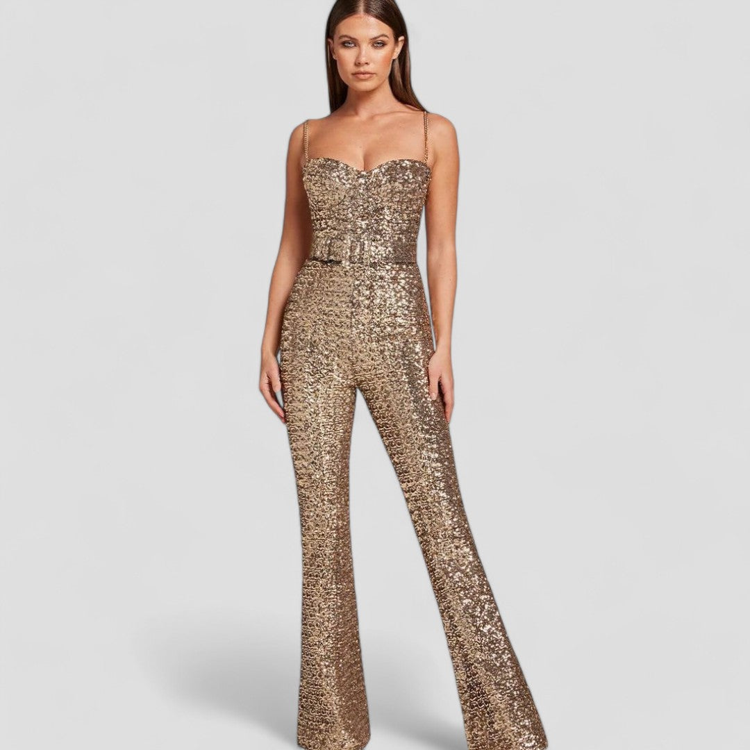 Damen Jumpsuit mit Pailletten, taillierter Schnitt und ausgestelltem Bein für festliche Anlässe 0