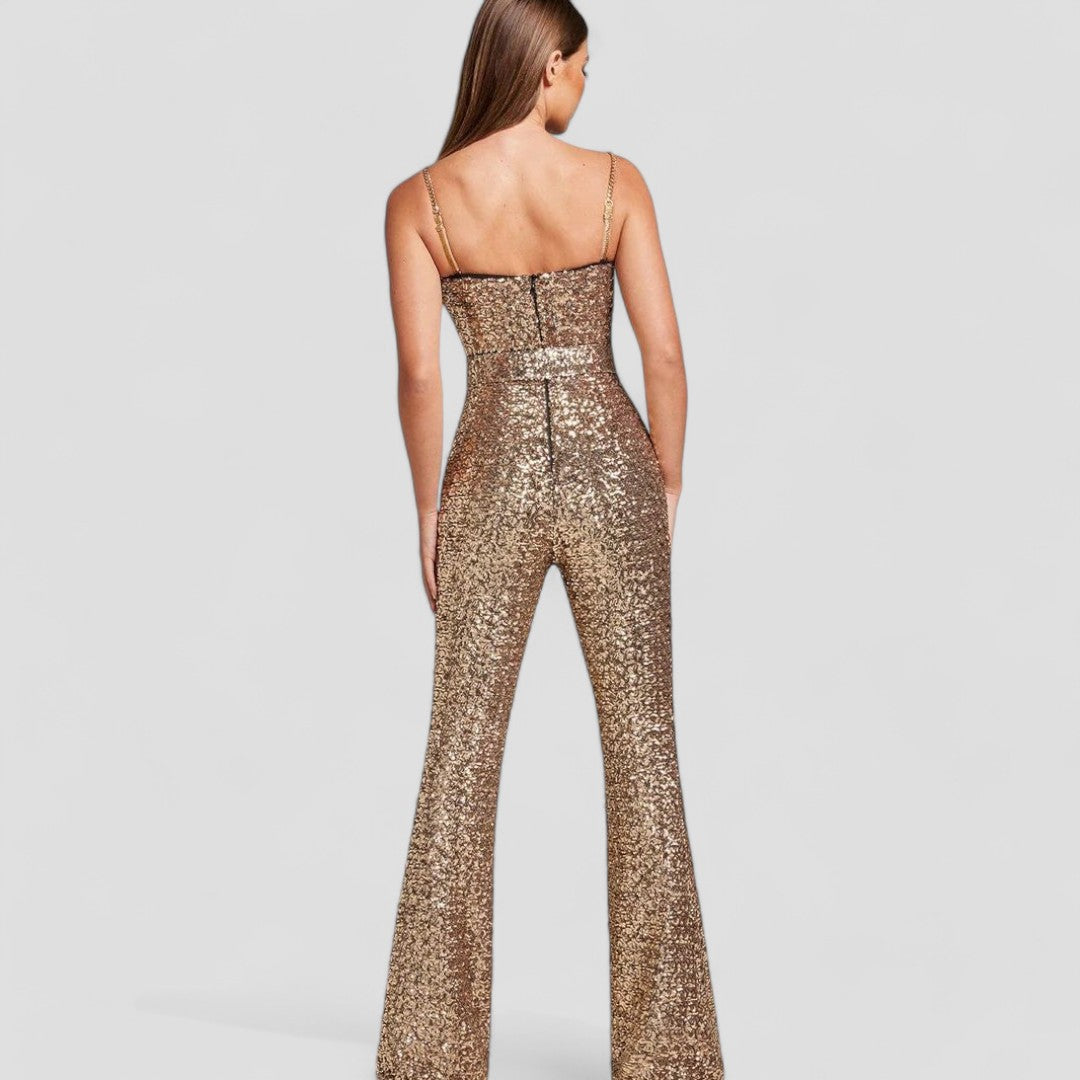 Damen Jumpsuit mit Pailletten, taillierter Schnitt und ausgestelltem Bein für festliche Anlässe 1