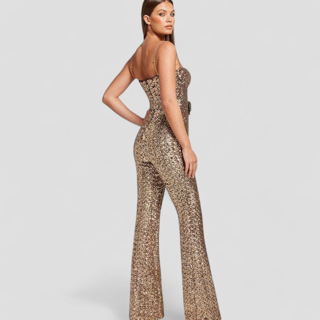 Damen Jumpsuit mit Pailletten, taillierter Schnitt und ausgestelltem Bein für festliche Anlässe 2