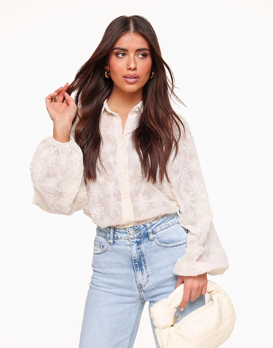 Elegante transparente Bluse mit Blumenmuster – Creme 1