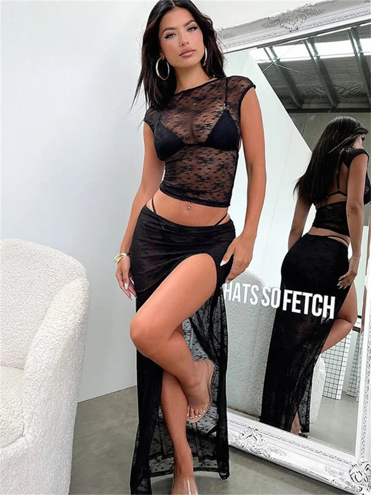 Fantoye Solid halfer sexy Spitze Rückenless dünne Hollow-Out-Verband Frauen T-Shirt transparent lässige kurze weibliche weibliche Tops Sommer 4
