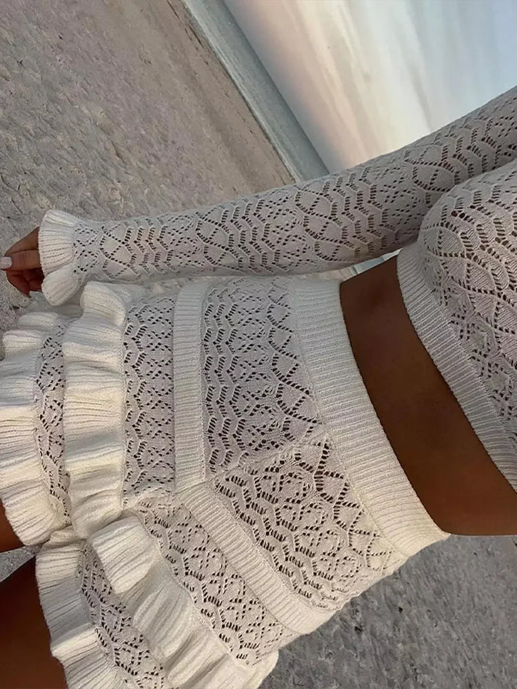 Fashion Hollow Out Strick Shorts Sets für Frauen Chic Long Sleeve Pullover Top Ruffen Shorts 2 Stücke Stranddame Anzüge 6