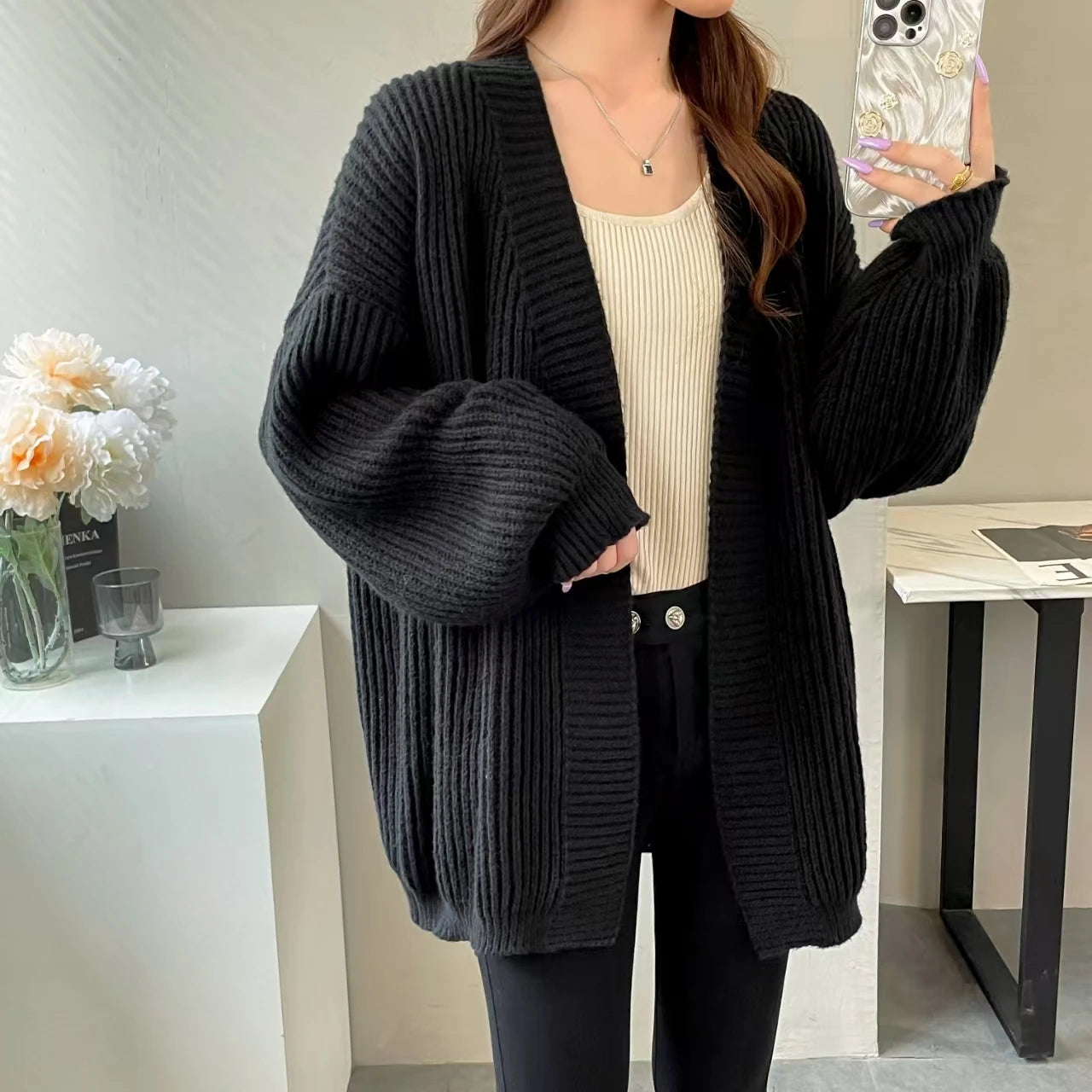 KUSHIRO STRICKJACKE OVERSIZE AUS RIPPSTRICK MIT TASCHEN