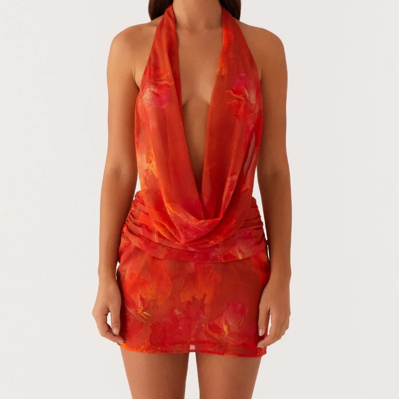 Frauen Sommer Y2K Mini Kleid sexy Halfter gegen Hals Rückenless Kurzkleid Eine Linie aus der Party Cocktailkleider 6