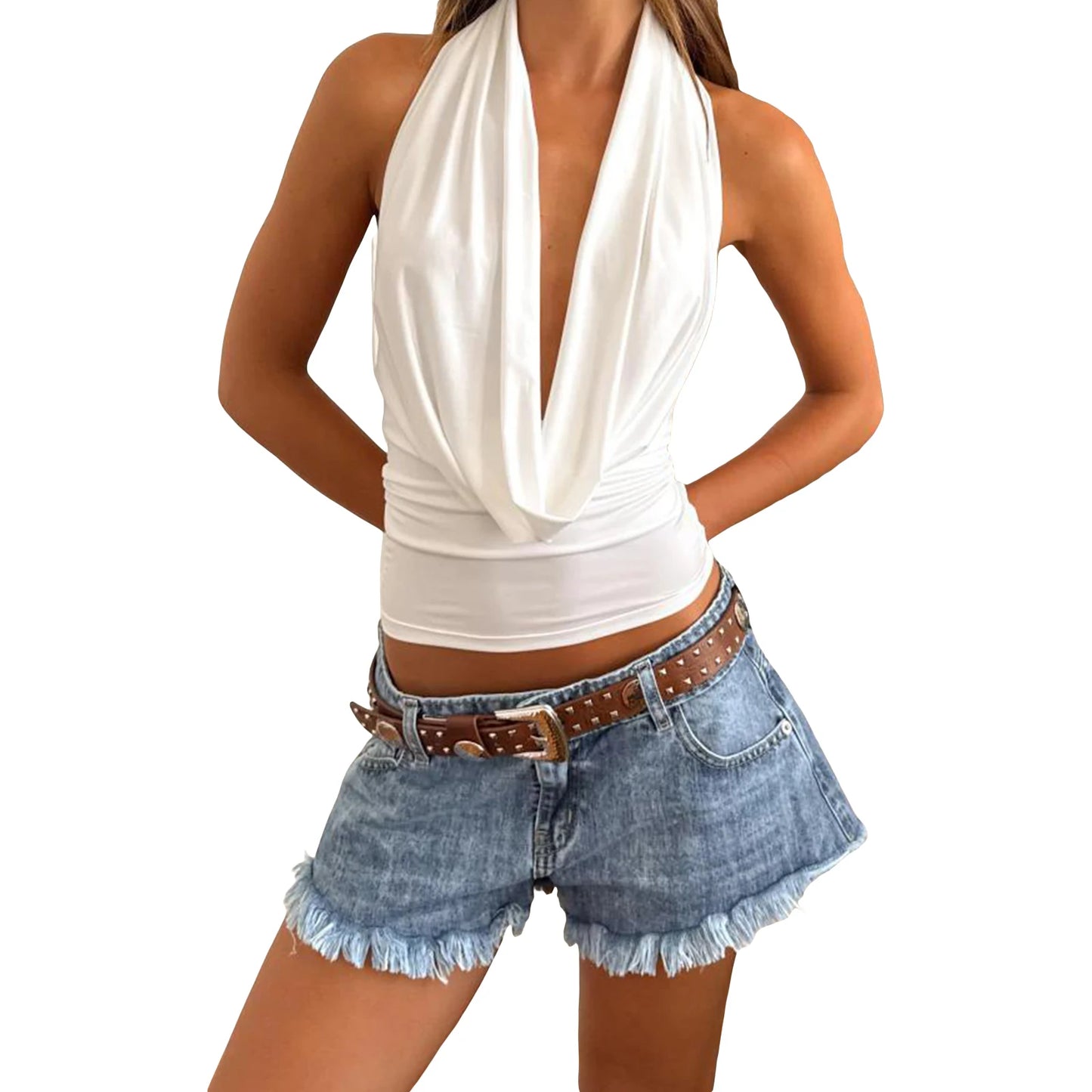 Frauen mit soliden Farben Halfter Tanter Tank Tops ärmellose offener Rücken schlanker Fit Tops Riched Weste Shirts 9