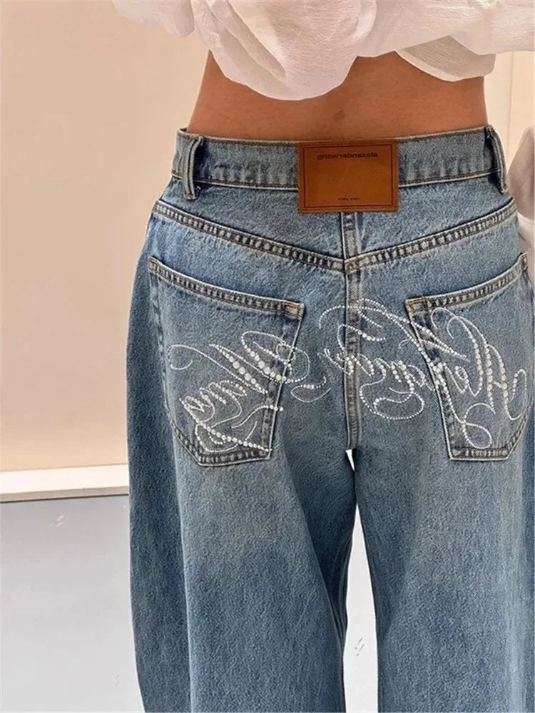 LIVORNO JEANSHOSE MIT STICKEREI UND WEITEM BEIN HIGH WAIST STYLE