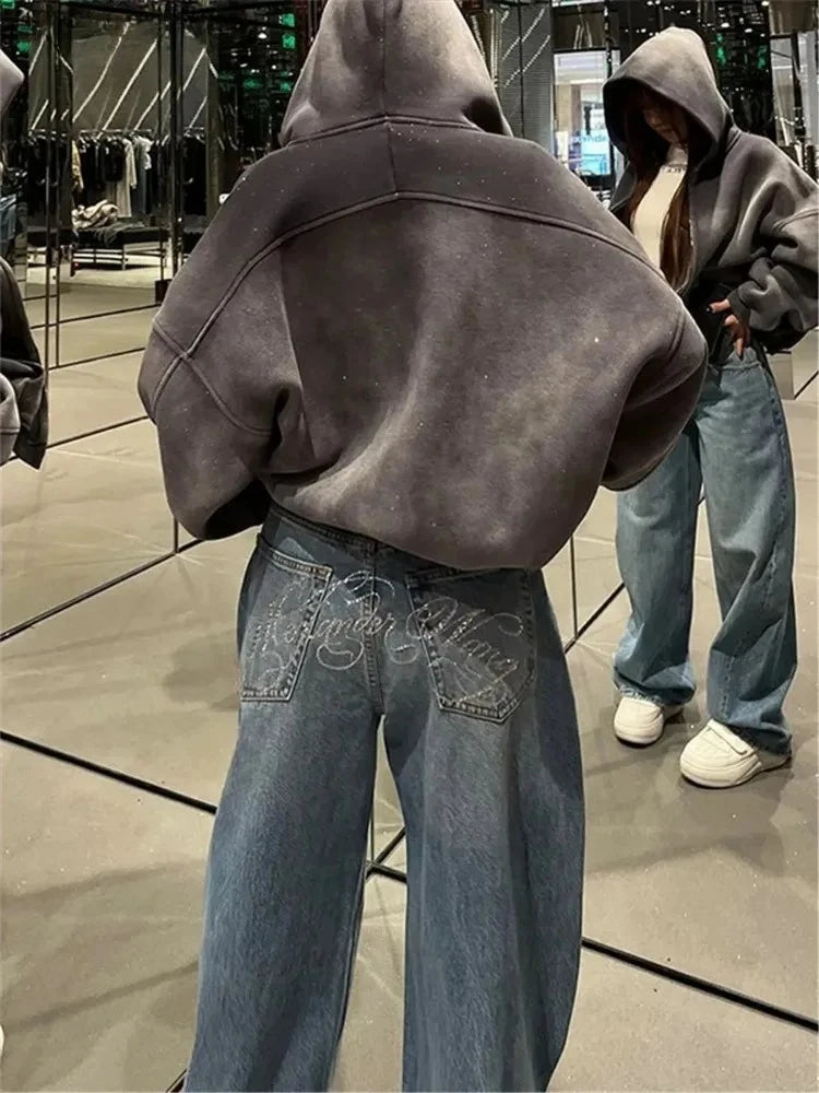 LIVORNO JEANSHOSE MIT STICKEREI UND WEITEM BEIN HIGH WAIST STYLE