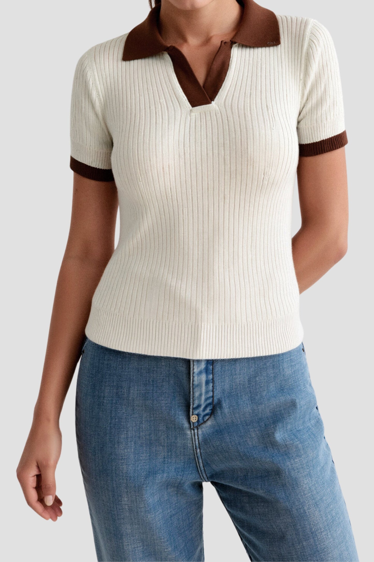 Lässiges Polo Farbe Block gekerbte Kragen gestrickt Top 1