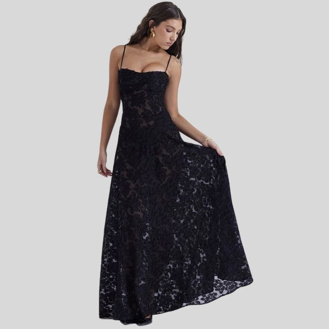 ALINDA KLEID – SCHWARZES SPITZEN-MAXIKLEID MIT TRÄGERN FÜR DAMEN
