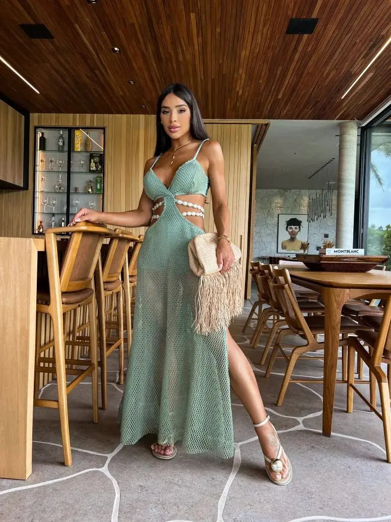 Mesh Long Dress Women Summer Cutout Party Kleider vertuschen elegante schlanke geteilte Maxi Vestidos Holiday Beach Robe 4