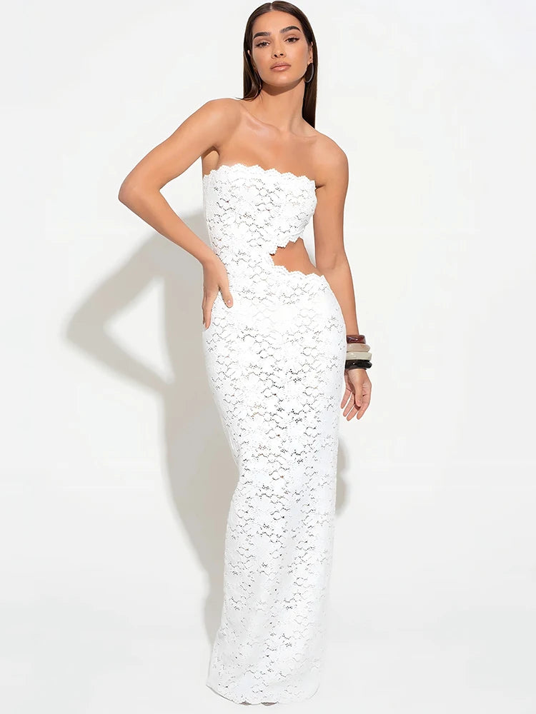 Mozision Offschuldneren Rückenfreie sexy Maxi Kleid Frauen Spitze trägerloser ärmelloser Hollod-out Skinny Club Party Langes Kleid elegant 2