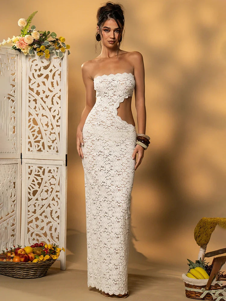 Mozision Offschuldneren Rückenfreie sexy Maxi Kleid Frauen Spitze trägerloser ärmelloser Hollod-out Skinny Club Party Langes Kleid elegant 4