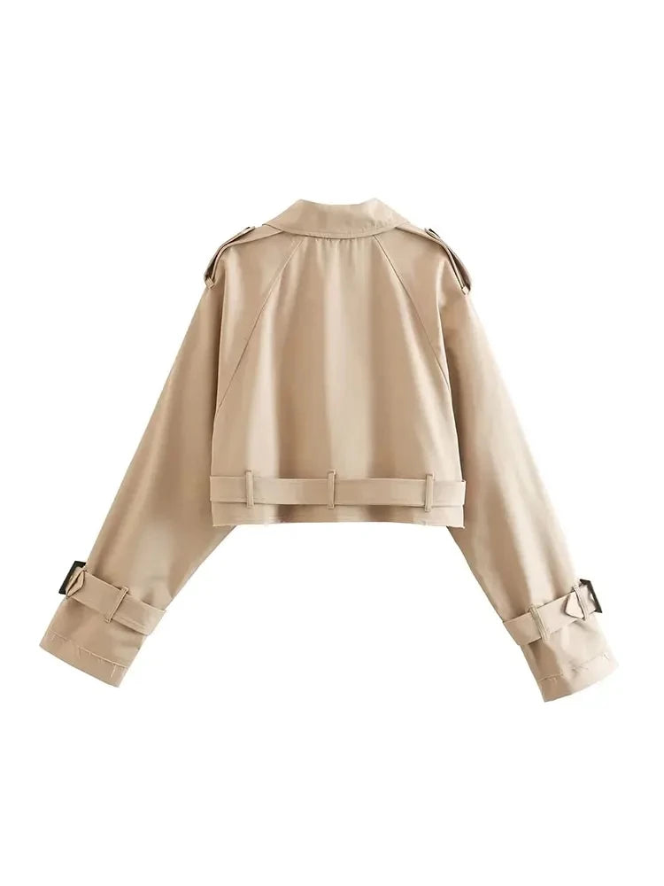 2024 Belt Cropped Trench Spring Jacket Women Vintage Streetwear Double Breasted Long Sleeve Top Female Coat Outfits-5