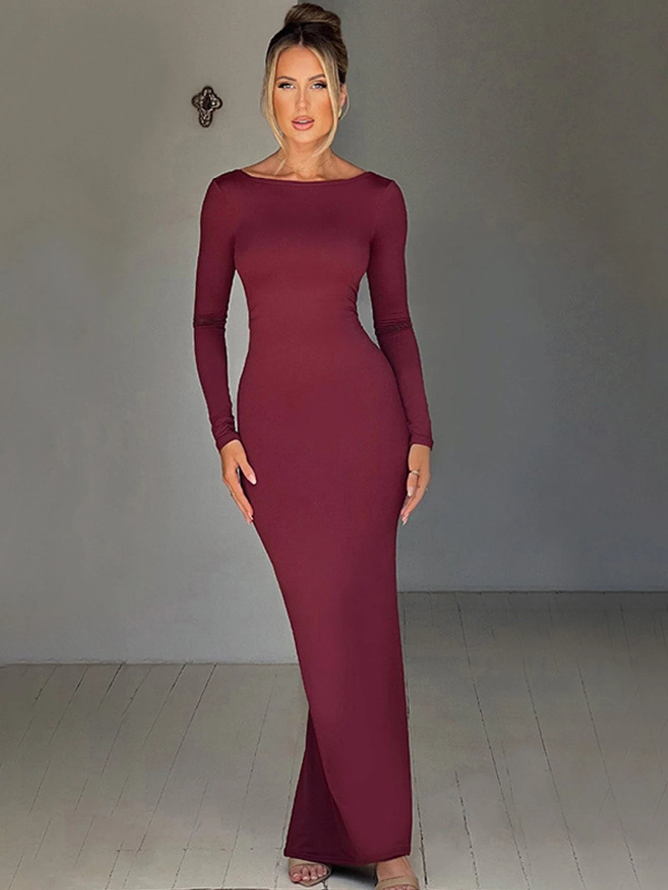 Damen Abendkleid Schwarz Größe M Polyester Rückenfrei Langarm Bodycon-4