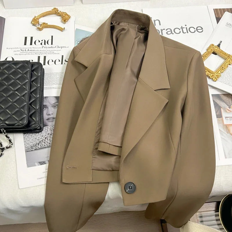 Variant image for Black Cropped Blazers Woman Trend 2025 New All-match Notched Collar Crop Jacket Women Korean Chic Single Button Suit Coat-2