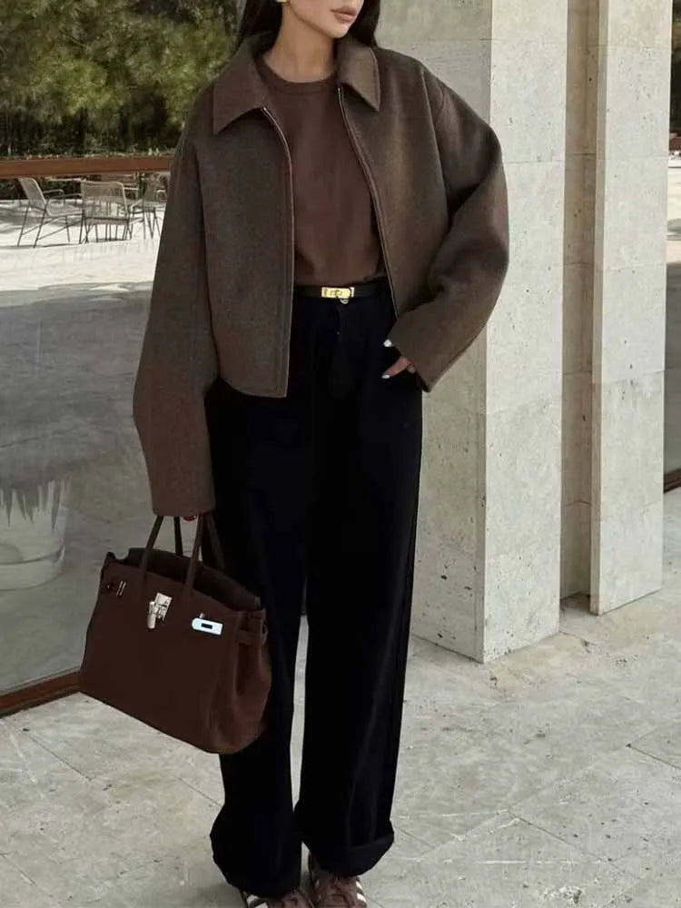 Autumn and winter fashion lapel long-sleeved zipper woolen coat 2024 European and American loose casual jacket-2