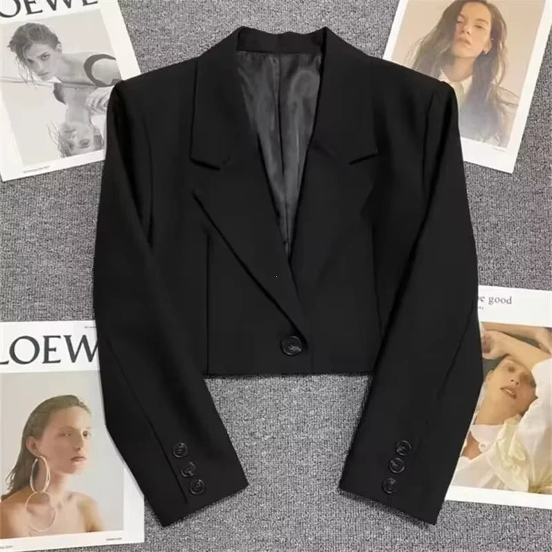 Variant image for Black Cropped Blazers Woman Trend 2025 New All-match Notched Collar Crop Jacket Women Korean Chic Single Button Suit Coat-1