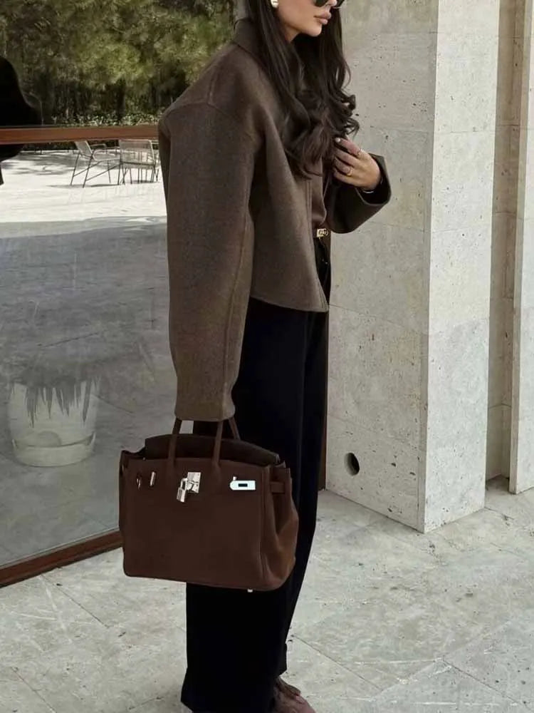 Autumn and winter fashion lapel long-sleeved zipper woolen coat 2024 European and American loose casual jacket-3
