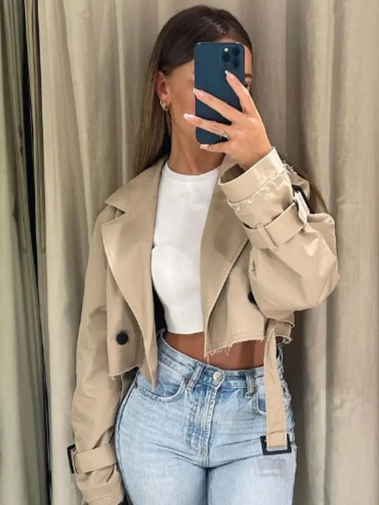 2024 Belt Cropped Trench Spring Jacket Women Vintage Streetwear Double Breasted Long Sleeve Top Female Coat Outfits-2