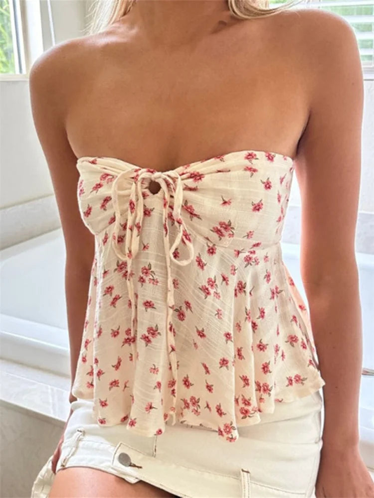 MALIA – TRÄGERLOSE RÜSCHEN-WESTE MIT FLORALEM PRINT AUS BAUMWOLLE
