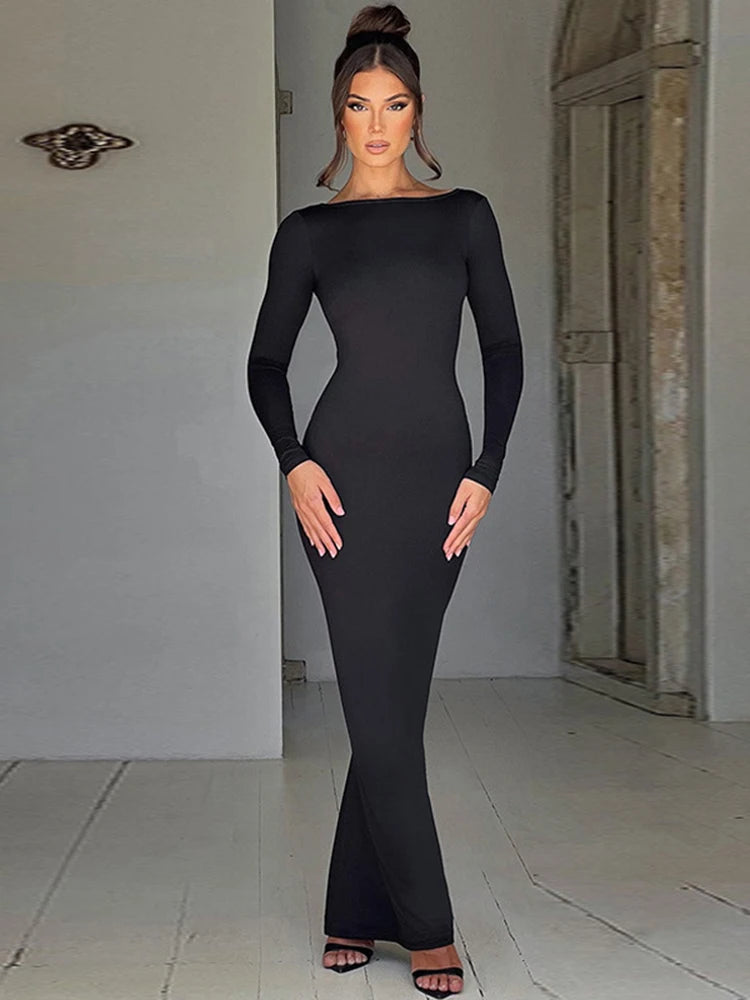 Damen Abendkleid Schwarz Größe M Polyester Rückenfrei Langarm Bodycon-2