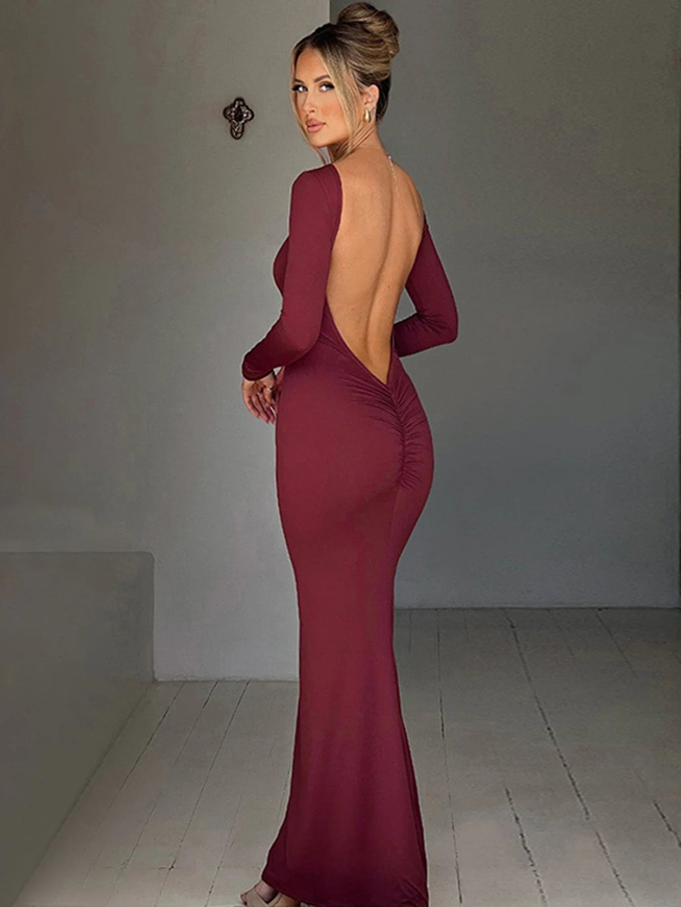 Damen Abendkleid Schwarz Größe M Polyester Rückenfrei Langarm Bodycon-3