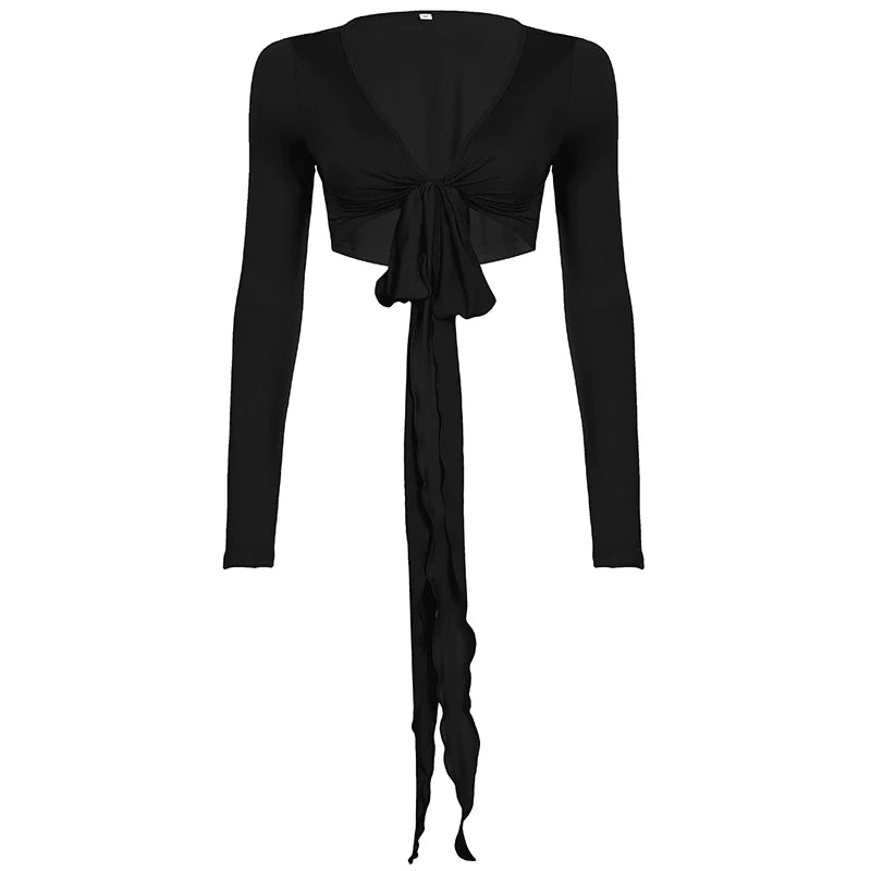 Variant image for Damen Freizeitshirt Schwarz Größe M Baumwolle V-Ausschnitt Langarm Schnürung-5